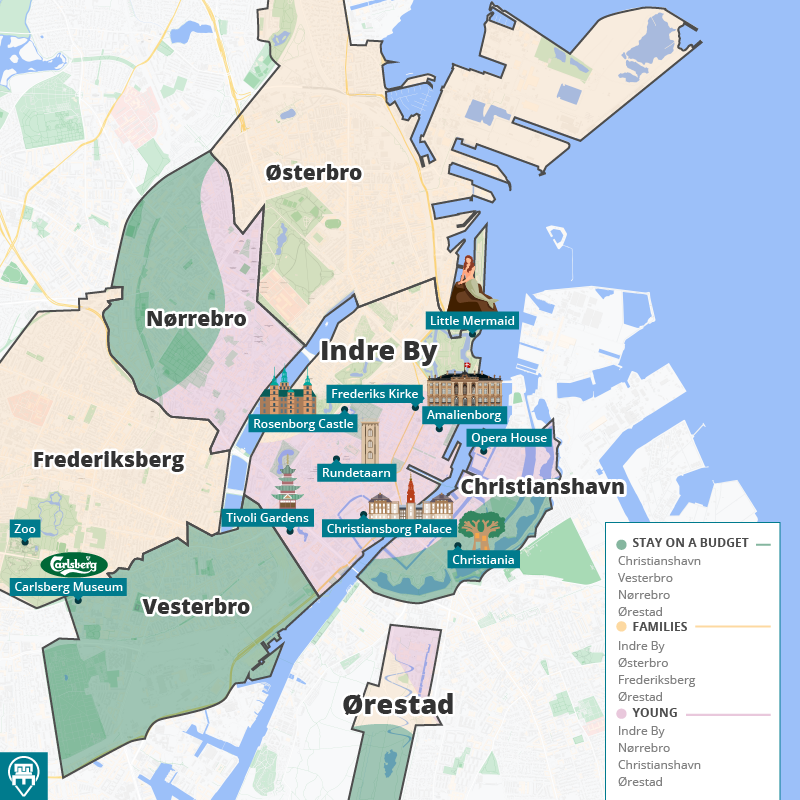 Copenhagen neighborhood map with recommended areas to stay